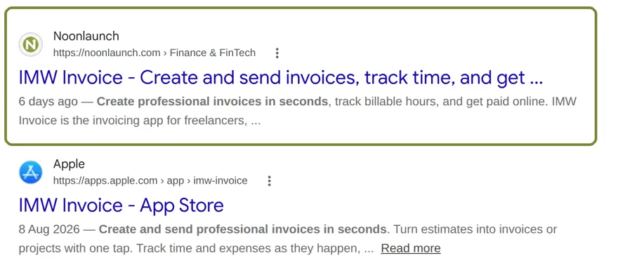 Google results for imw invoice with the Noonlaunch listing ranked above the App Store