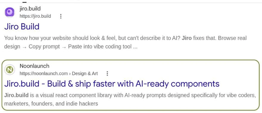 Google results for jiro.build with the Noonlaunch listing second, right under the product's own site