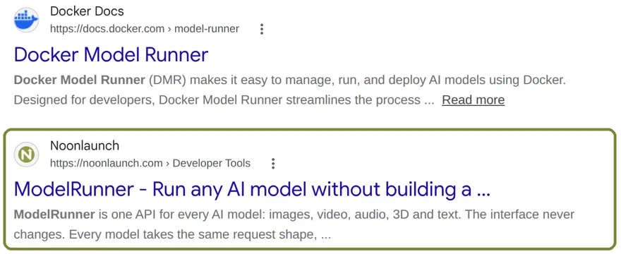 Google results for modelrunner with the Noonlaunch listing next to Docker's documentation