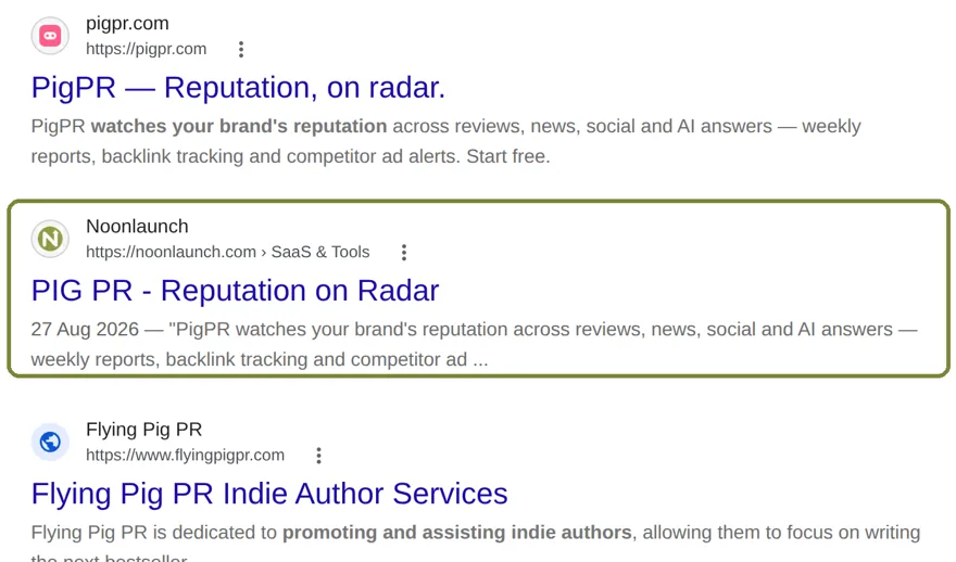 Google results for pig pr with the Noonlaunch listing second, under the product's own site