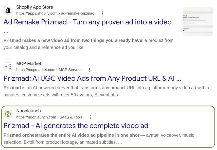 Google results for prizmad with the Noonlaunch listing just under the Shopify App Store