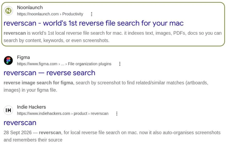 Google results for reverscan with the Noonlaunch listing ranked above Figma and Indie Hackers
