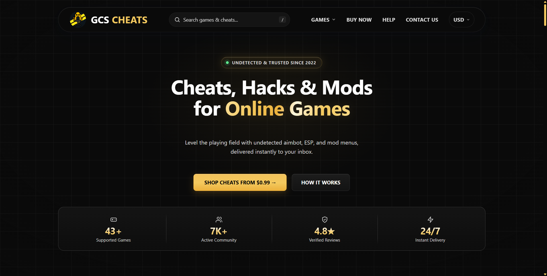 GCS Cheats homepage showing game cheats, supported games, reviews and instant delivery