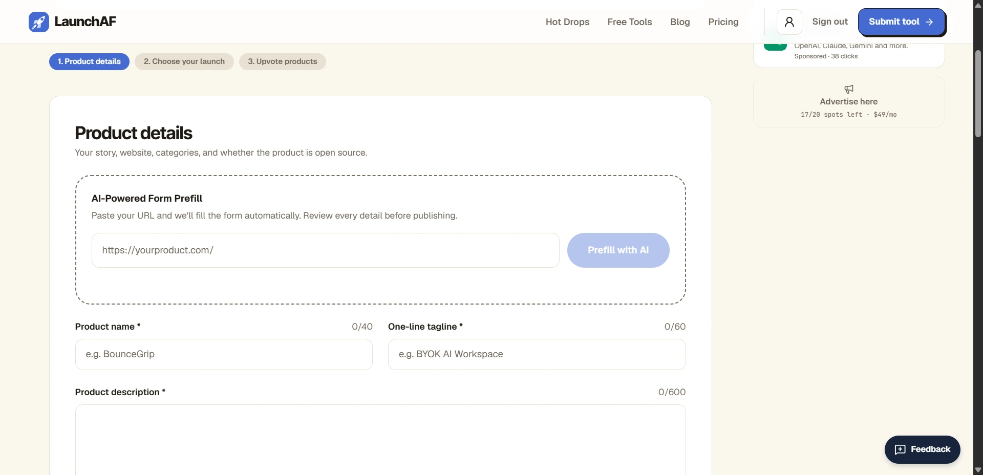 LaunchAF product submission page