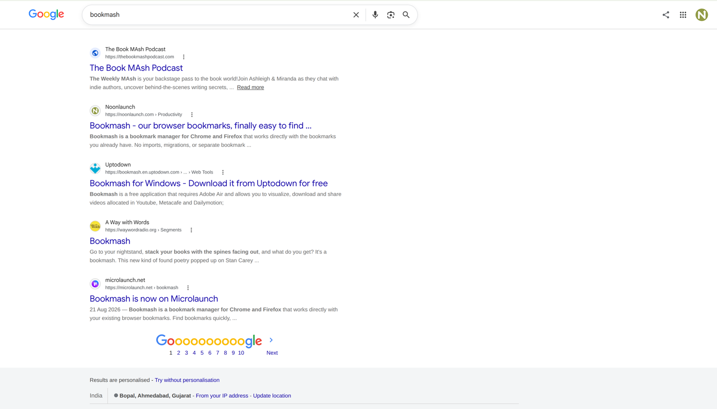 Google results for bookmash showing the NoonLaunch listing mid page, alongside a podcast, a download site and a competing launch board