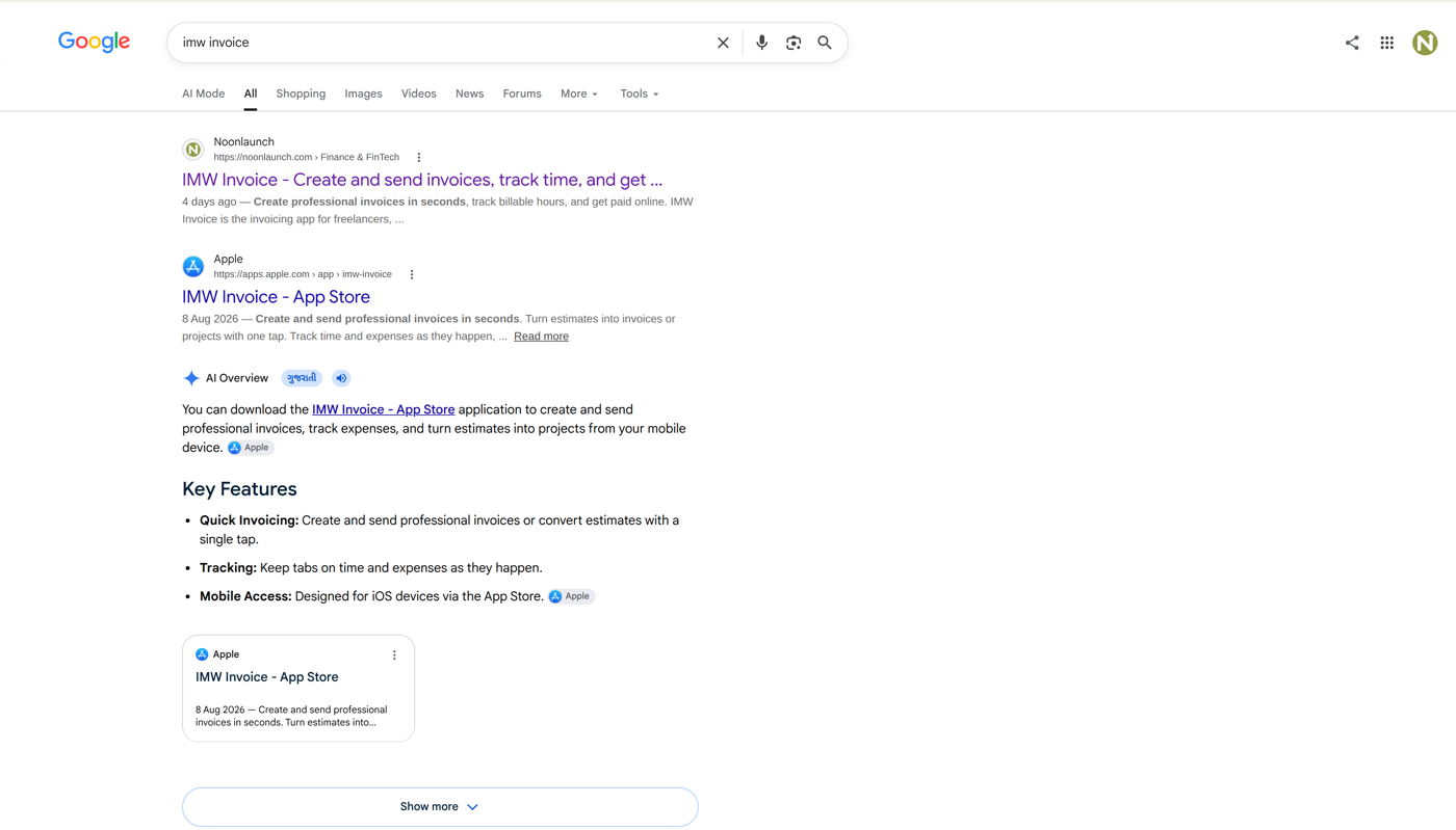 Google results for imw invoice showing the NoonLaunch listing as the first organic result, above the Apple App Store listing