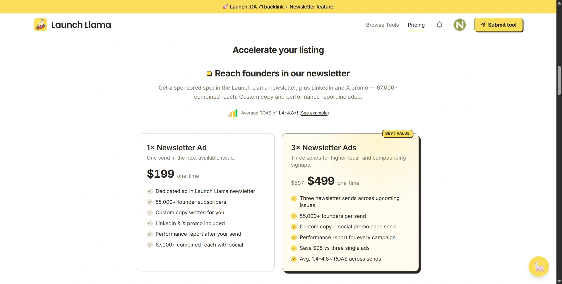 Launch Llama Newsletter pricing